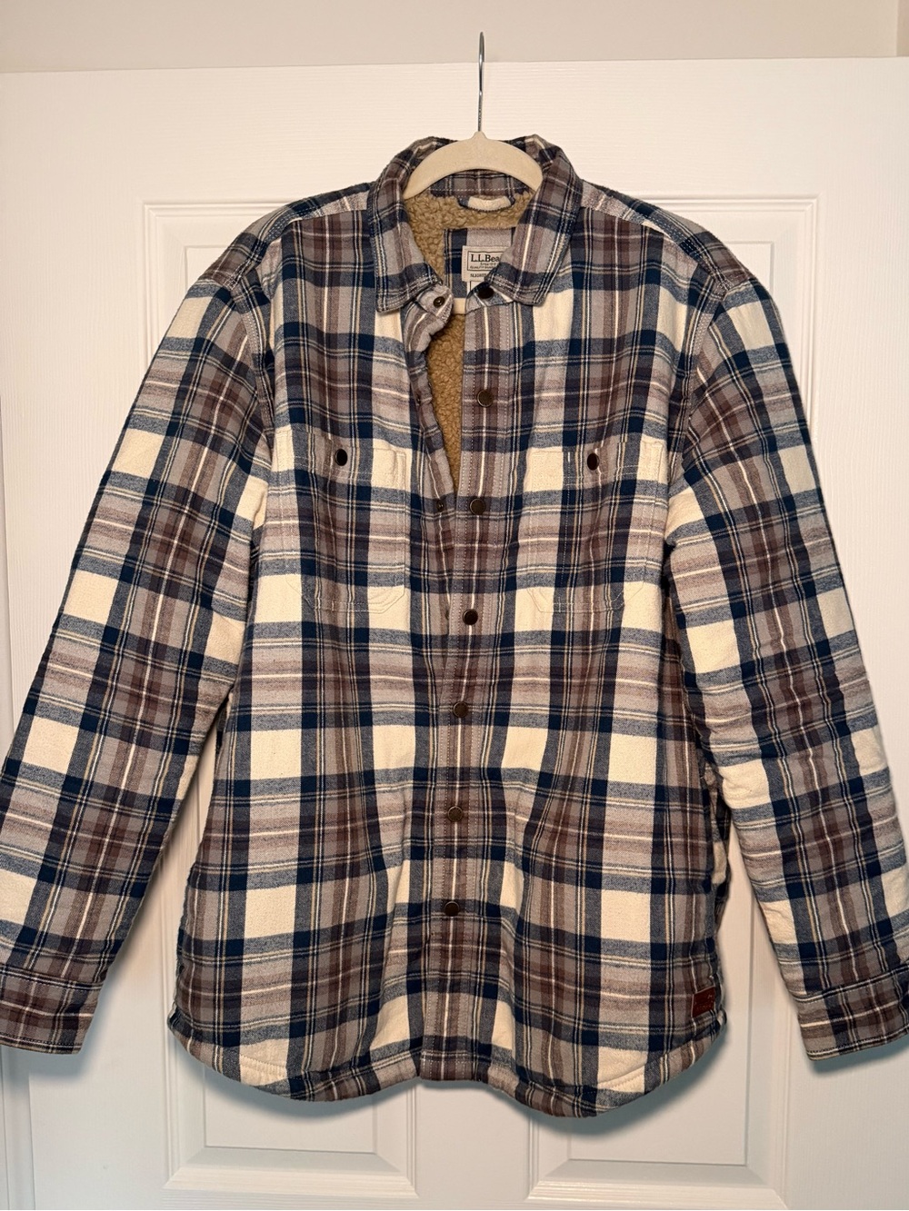 L.L. Bean Men's Plaid Sherpa-Lined Shirt Jacket - Brown, Navy, White